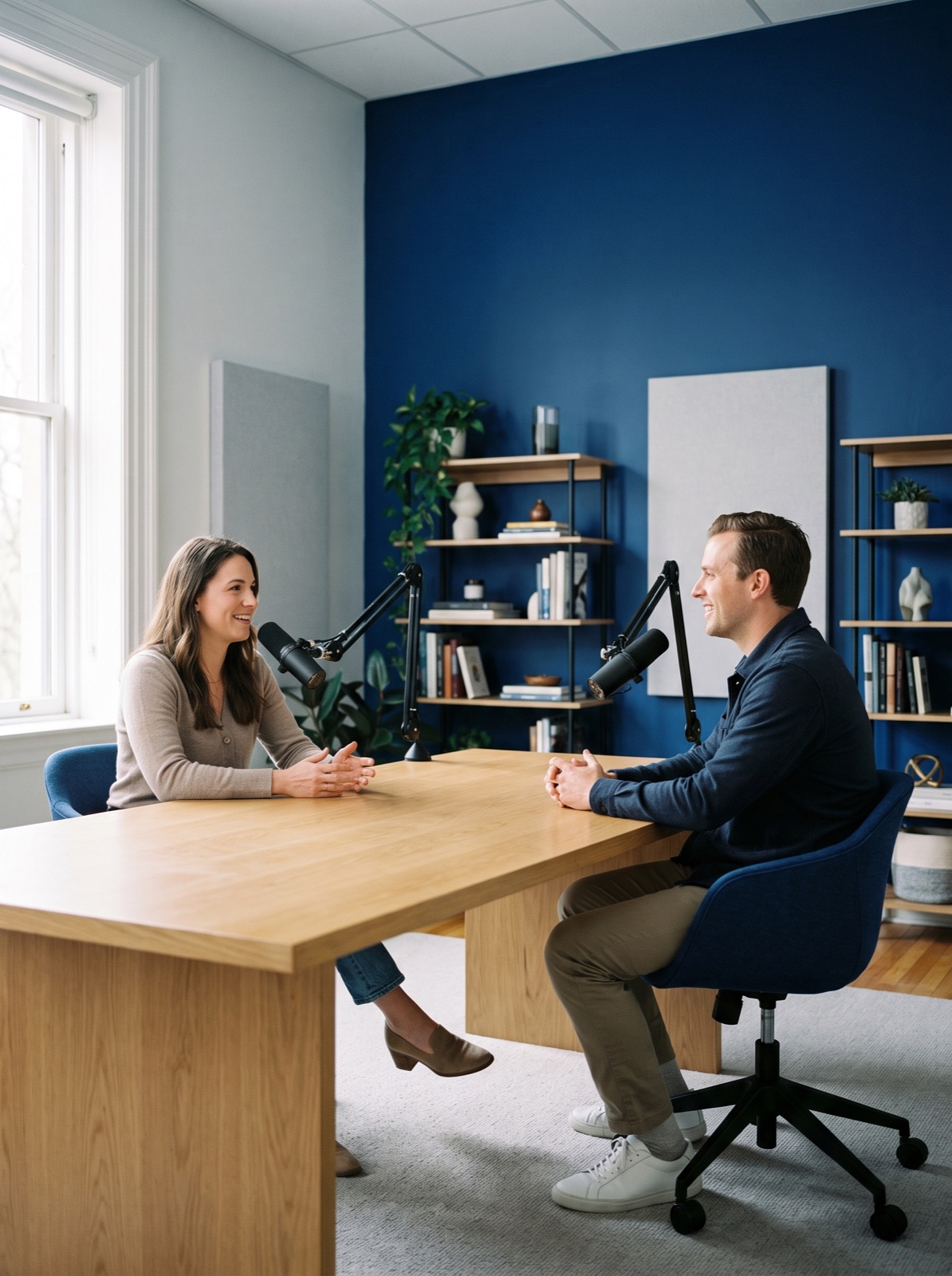 Two podcast hosts at a table with broadcast microphones