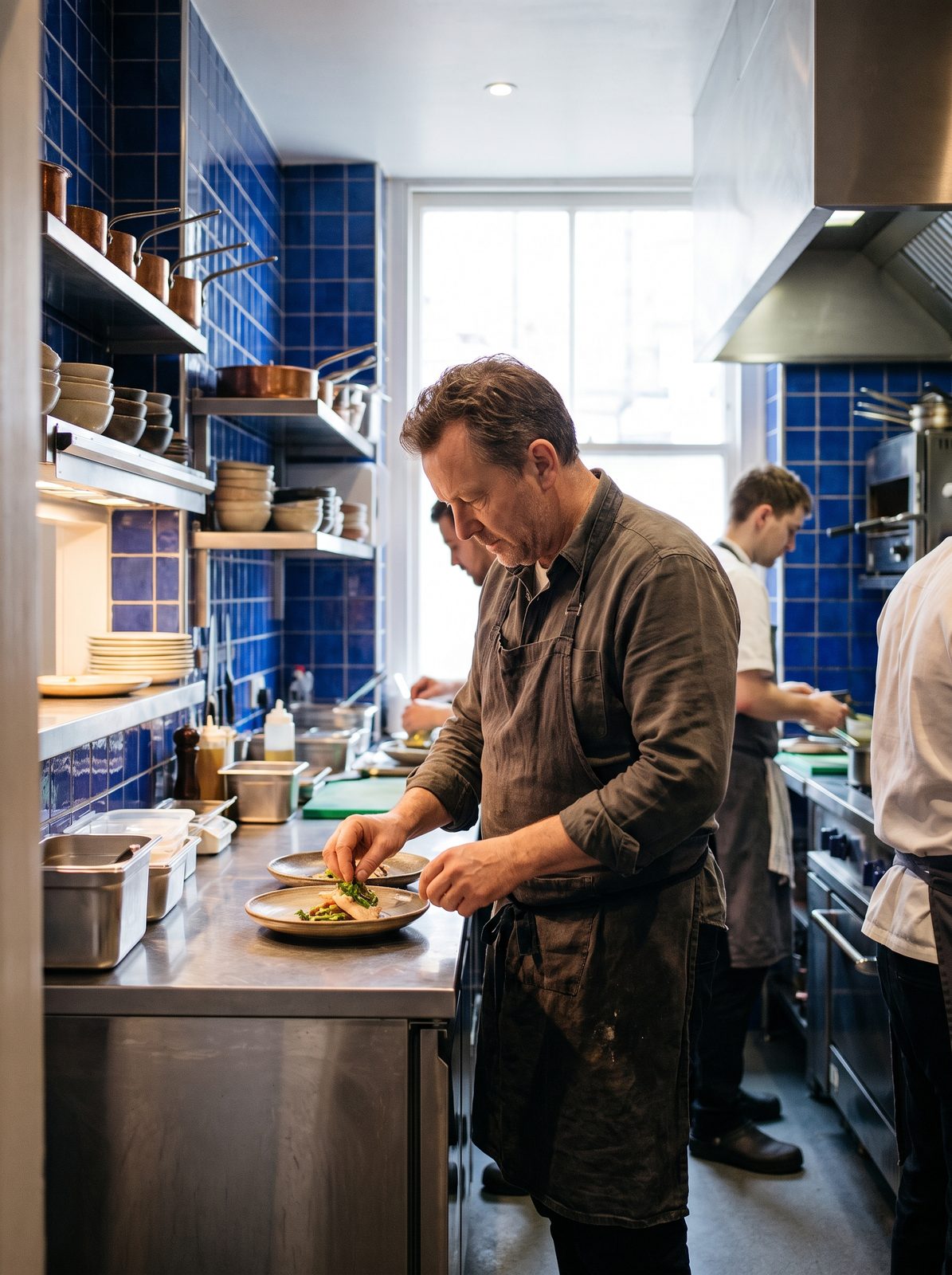 Restaurant owner plating a dish at the kitchen pass