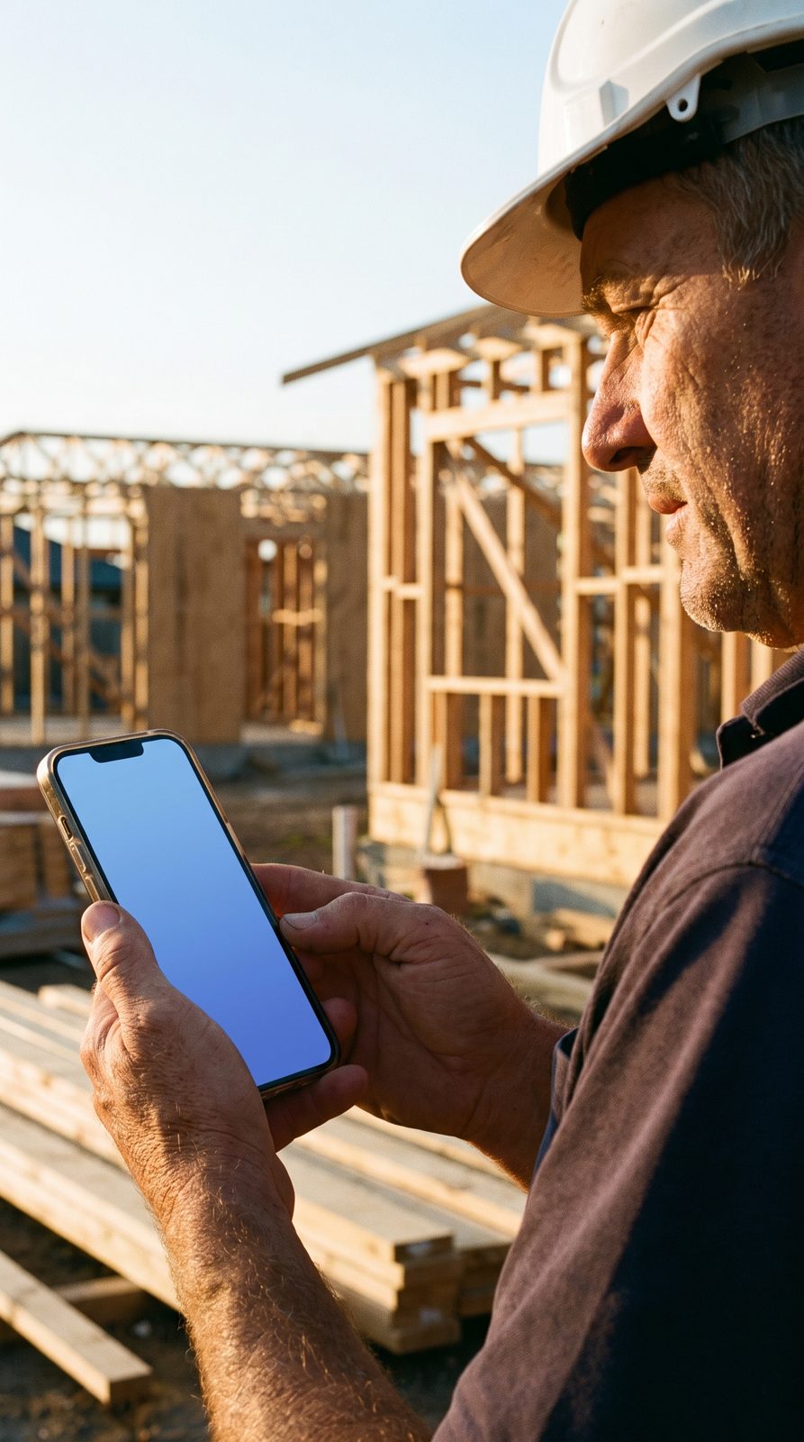 Contractor on a building site checking his phone